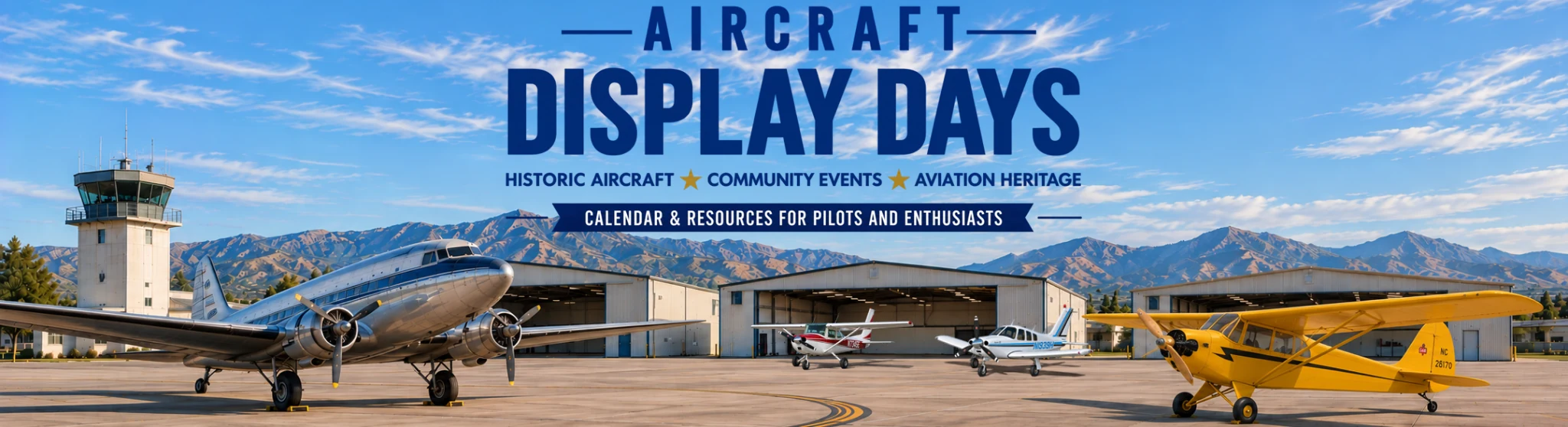 Aircraft Display Days banner with historic and general aviation aircraft at an airport